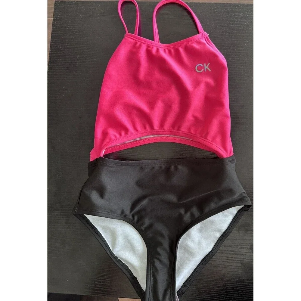 Calvin Klein Big Girls Cutout Color Block Bikini Swimsuit One Piece Pink Black 7